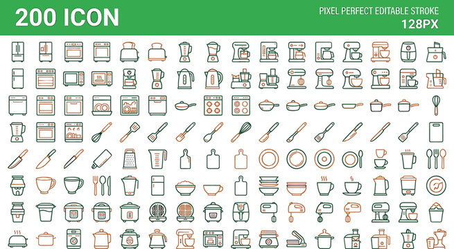 Kitchen appliances cooking utensils line icon set restaurant food preparation houseware culinary equipment chef tool vector graphic illustration.