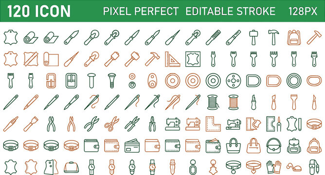 Leather craft and shoemaking tools vector icons set featuring sewing machine needles cutters wallets bags and leatherworking equipment line graphics.