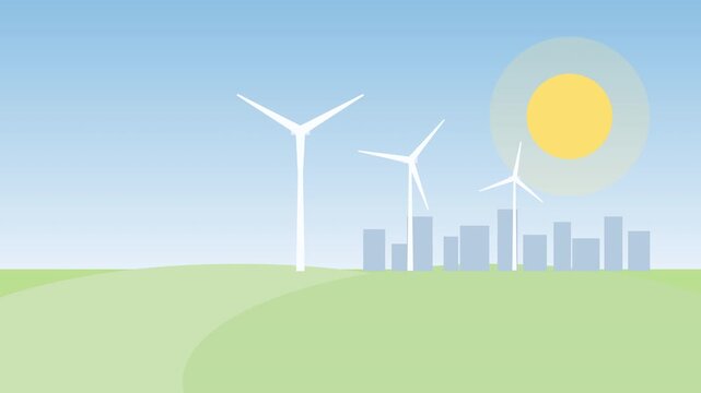 Wind turbines generate renewable energy near city skyline, sun shines brightly over green landscape, sustainable power station icon