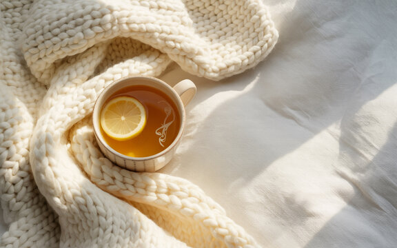Cup of tea with fresh tea leaves, warm beverage concept with cozy atmosphere and relaxing morning drink setting