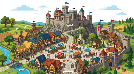 Medieval village life with hilltop castle and bustling market square © veldar