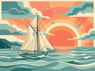 Naklejka premium A serene sailboat glides across the calm ocean towards a vibrant sunset with seagulls flying overhead under cloudy skies.