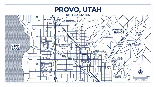 Detailed city map of provo utah featuring wasatch range
