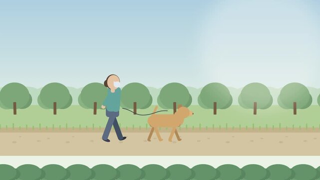 Woman with face mask walking dog in park, new normal, enjoying nature alone