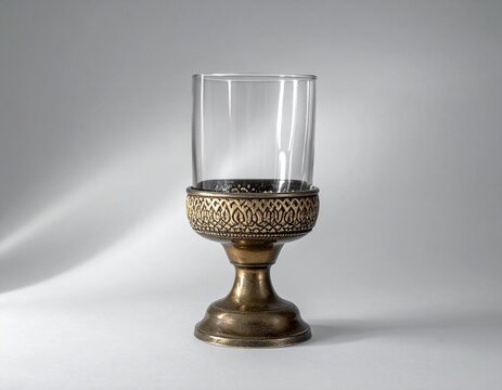 Empty glass in ancient style glass holder on white background.
