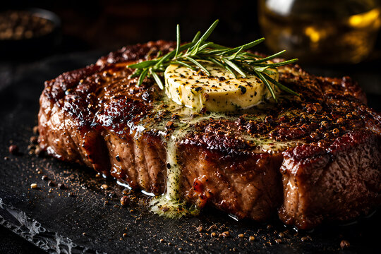 Grilled ribeye steak with butter. Juicy beef meat on stone. Gourmet restaurant meal.