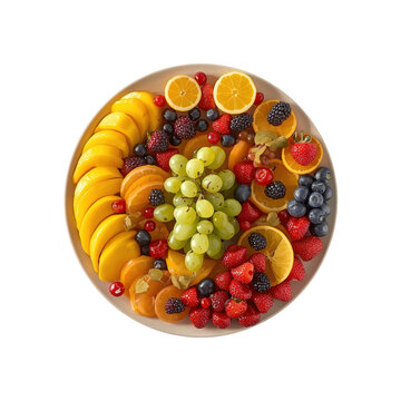 Colorful fruit platter with sliced peaches grapes strawberries blueberries and blackberries on white plate isolated on a transparent background