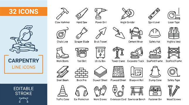 Carpentry icons depict various tools and equipment for construction work indoors.