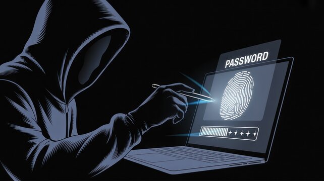 Hacker in hoodie accessing password protected laptop with fingerprint scan security system