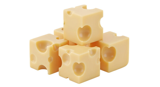 Swiss cheese cubes with holes isolated on white background, group of yellow emmental cheese blocks, gourmet dairy snack pieces for food packaging