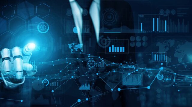 A businessman interacts with holographic data and analytics in a futuristic environment, showcasing advanced technology and innovative concepts for modern business strategies. Xenic