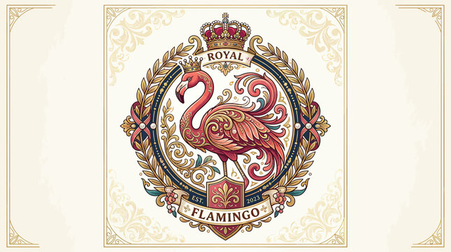 Elegant flamingo heraldic seal with vintage gold crown and scrolls