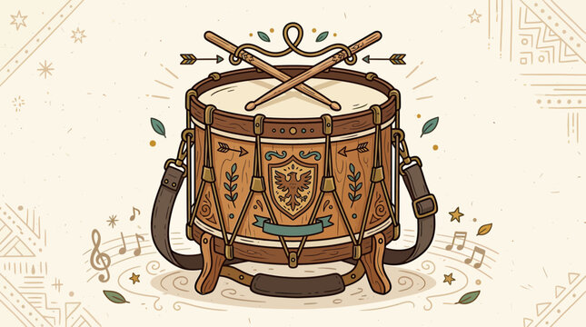 Vintage snare drum with wooden sticks and heraldic crest