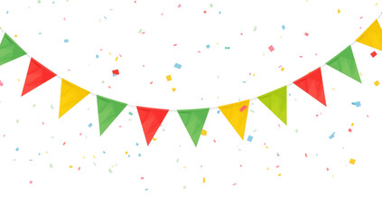 Fototapeta premium Colorful triangular bunting flags hanging on a string with falling confetti isolated on a deep black background isolated on a transparent background