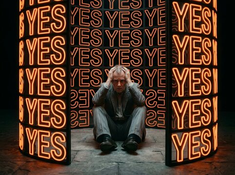 Overwhelmed Man Sitting Surrounded by Illuminated 'YES' Neon Signs, Conceptual Image About Burnout, Peer Pressure and Decision Fatigue