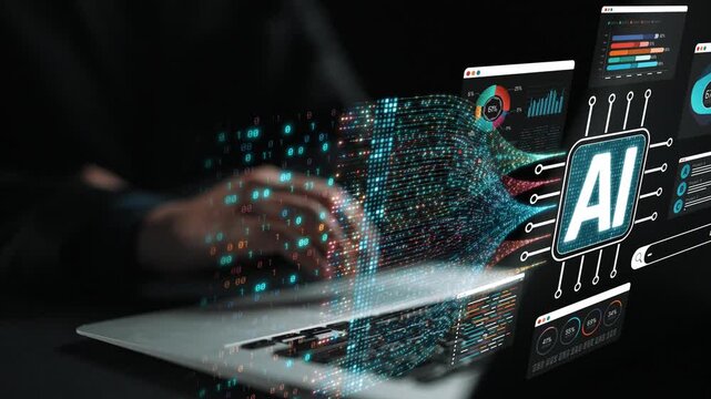 Futuristic Digital Interface Featuring Artificial Intelligence Data Analysis and Technology Interaction with Laptop and Visual Graphs Sigmoid