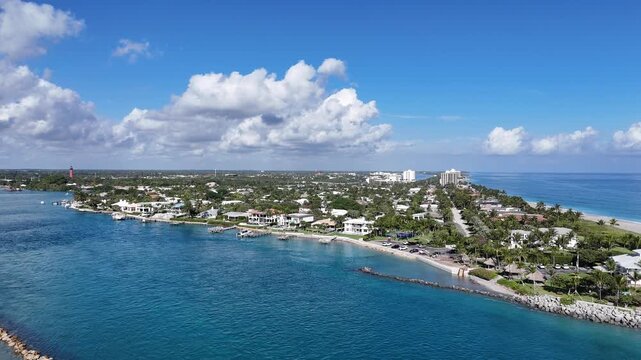 Luxury waterfront and beachfront homes at Jupiter Inlet in the town of Jupiter in Palm Beach County, Florida.