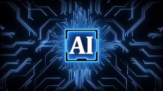 Artificial intelligence processor artificial intelligence chip glowing on circuit board that visualizes machine learning computing power and advanced digital processing technology concept.