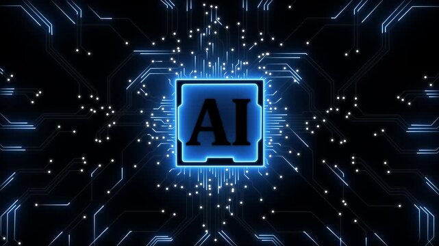 Artificial intelligence processor artificial intelligence chip glowing on circuit board that visualizes machine learning computing power and advanced digital processing technology concept.