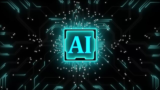 Artificial intelligence processor artificial intelligence chip glowing on circuit board that visualizes machine learning computing power and advanced digital processing technology concept.