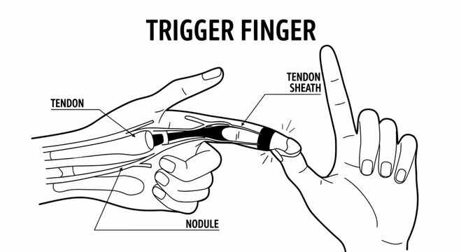 Medical line art illustration of trigger finger pathology. Depicts a hand with labeled anatomical structures: tendon sheath nodule causing finger locking. White background.