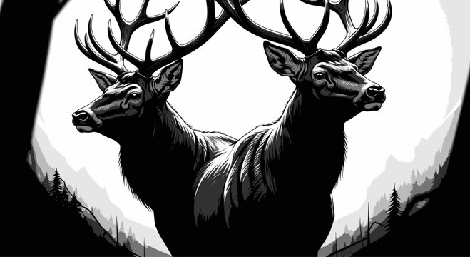 Two-Headed Stag Illustration in Black and White Silhouette