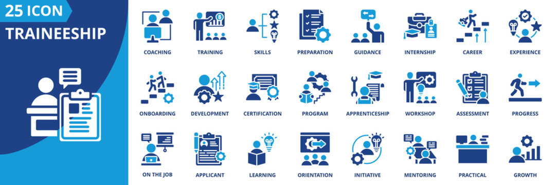 traineeship icon set collection in solid glyph dual color style. pack contain training, internship, apprenticeship, learning, development, mentoring, coaching, skills, applicant, practical icon
