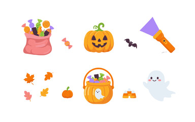 Fototapeta premium Set of cute Halloween elements including candy bag, pumpkin, flashlight, falling leaves, candy bucket, corn candy, ghost, and bat.