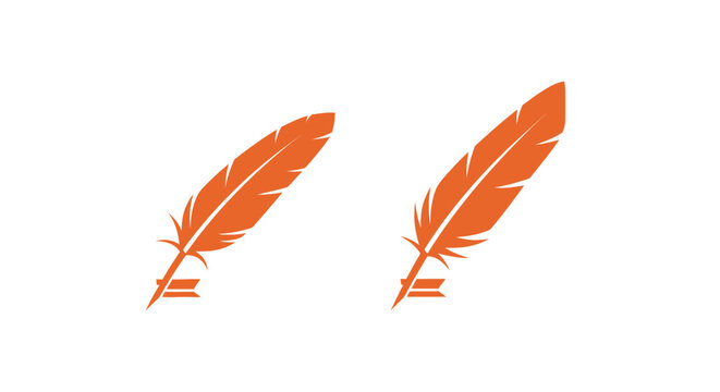 Two orange quill pens with feathers and nibs.