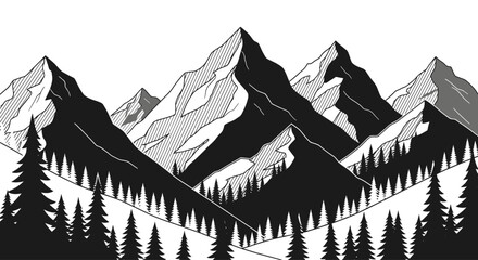 Minimalist Black and White Mountain Landscape Vector Illustration © kiki__