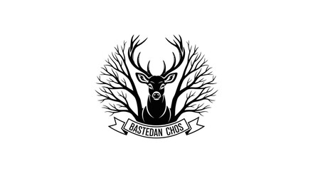 Obraz premium Black and White Deer Head Logo with Tree Branches and Ribbon Banner