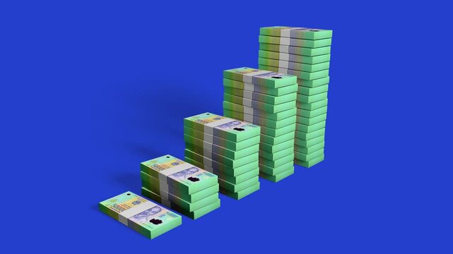 An 3D animation showing stacks of 500,000 Vietnamese Dong banknotes rising like a growth bar chart over a solid blue screen. Includes a black and white alpha matte channel for seamless compositing.