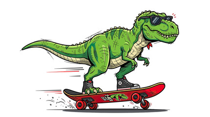 Cool green tyrannosaurus rex riding a red skateboard at high speed © Cahya
