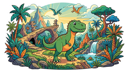 Cute green tyrannosaurus rex in a prehistoric jungle landscape © Cahya