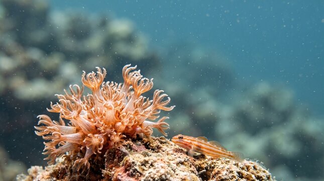 Coral polyps and goby fish swim near coral reef underwater in ocean