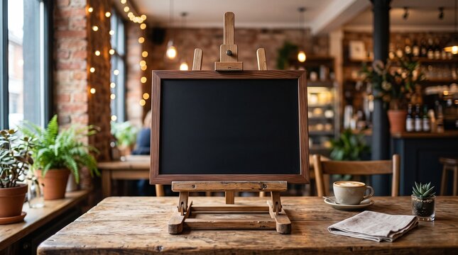 Horizontal blank chalkboard frame on wooden table in bright coffee shop interior with plants