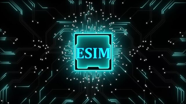 E sim technology concept: digital sim card with global network connectivity data animation