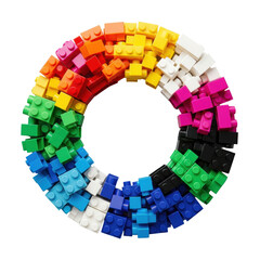 Obraz premium meticulously ordered, colorful plastic building blocks forming a circular wreath structure on a transparent background, overhead flat lay view with central copy space. concept of creative education