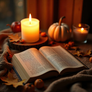 Warm candle and book, cozy fall scene.