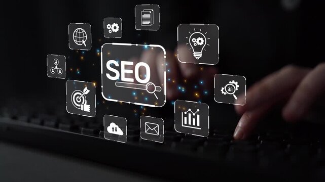 SEO concept for improving SEO visibility, with SEO related digital tools and SEO performance icons shown in an focused layout for strategic marketing. Muxer
