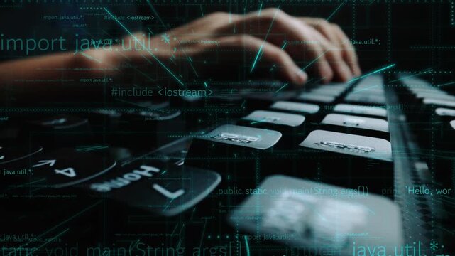 A close-up view of hands typing on a keyboard, surrounded by lines of code and digital elements, illustrating the essence of programming and technology in modern workspaces. Xenic