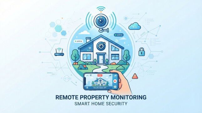 Digital smart home security system featuring remote property monitoring via mobile application interface for real time surveillance with smartphone monitor residential