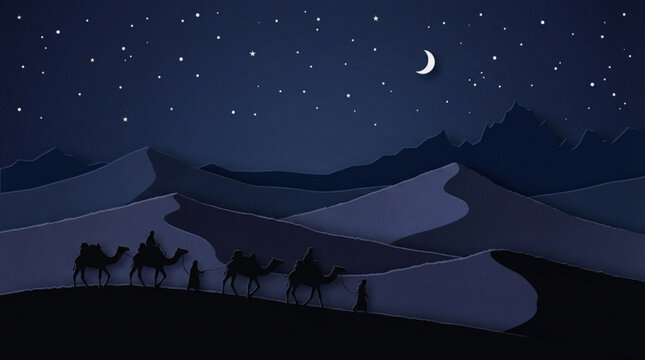 A serene paper cut style illustration featuring a silent caravan of camels trekking across rolling desert dunes under a dark starry night sky