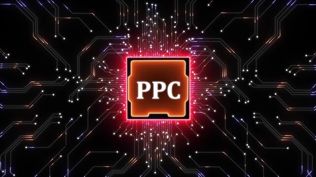 PPC &ndash; Pay Per Click. PPC concept head up display (HUD UI) panel and futuristic technology. Digital Data moving on Circuit Board and CPU . Computer Processing and organizing data
