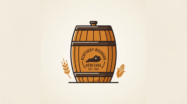 Minimalist vector illustration of a traditional wooden whiskey barrel featuring a vintage style emblem representing regional heritage with set against solid neutral background