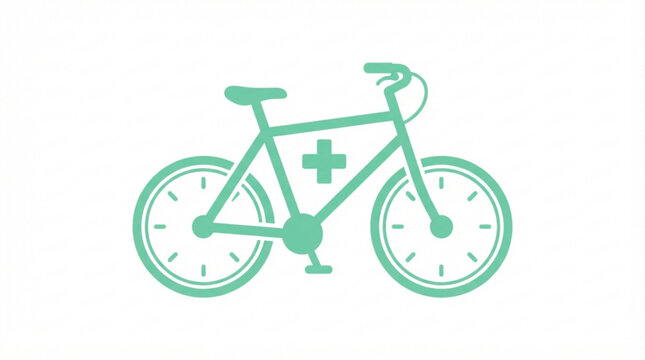 Minimalist bicycle icon featuring a medical cross symbol and clock face wheels representing healthy lifestyle and time management for wellness
