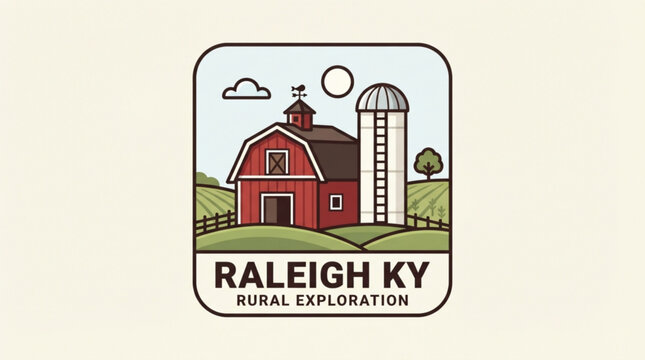 Minimalist vector badge featuring a red barn and silo set against a rolling green countryside landscape for a rural exploration theme graphic design