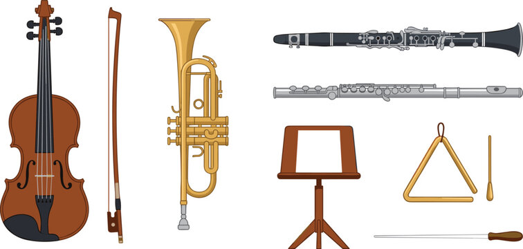 Classical Orchestral Musical Instrument Vector Set with Violin Bow Trumpet Clarinet Flute Music Stand Triangle and Conductor Baton