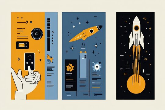 Three-panel flat illustration of a hand pressing a control button, central rocket and server towers, and a rocket launching above a planet, conveying dynamic technological optimism