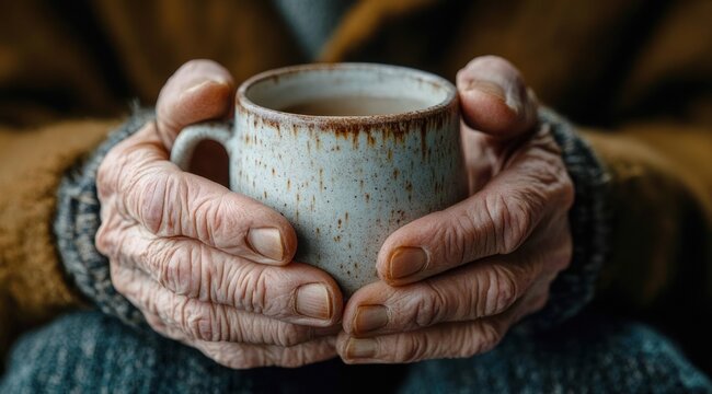 Elderly hands cradling a speckled ceramic mug, wrapped in a warm knitted sweater, conveying quiet tenderness and cozy comfort
